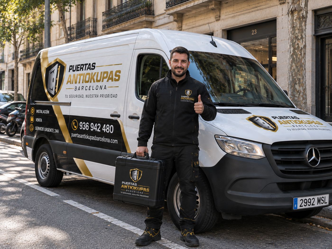 Técnico de Puertas Antiokupas Barcelona junto a una puerta instalada